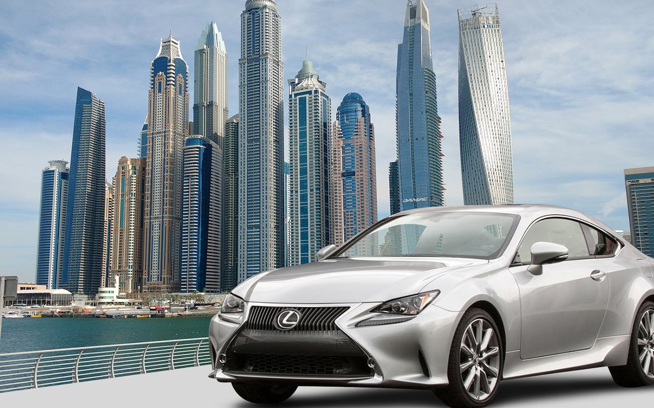 Lexus car in front of Dubai Marina skyline for private airport transfer with pocket WiFi rental.