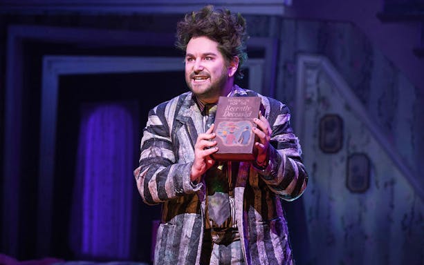 Performer in striped suit holding "Handbook for the Recently Deceased" on Beetlejuice stage.