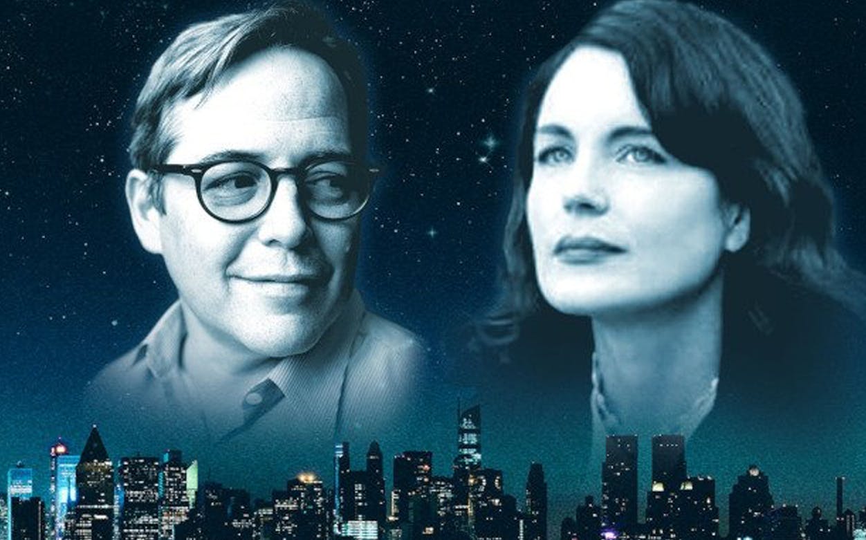 Starry night sky over cityscape with two people gazing upward, related to "The Starry Messenger.