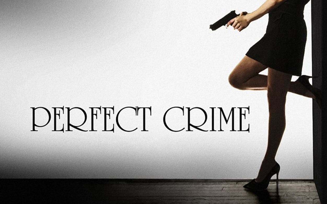 Silhouette of a woman holding a gun next to 'Perfect Crime' text