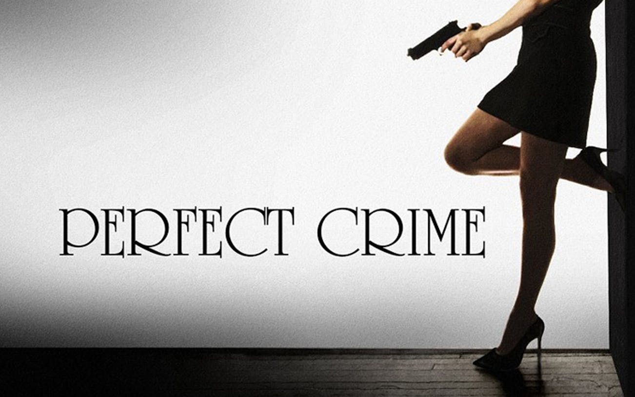 Silhouette of a woman holding a gun next to 'Perfect Crime' text