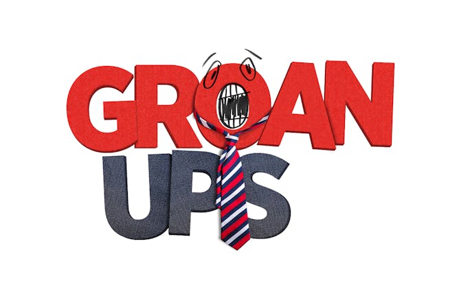 Groan Ups logo with a tie and expressive face in the letter O
