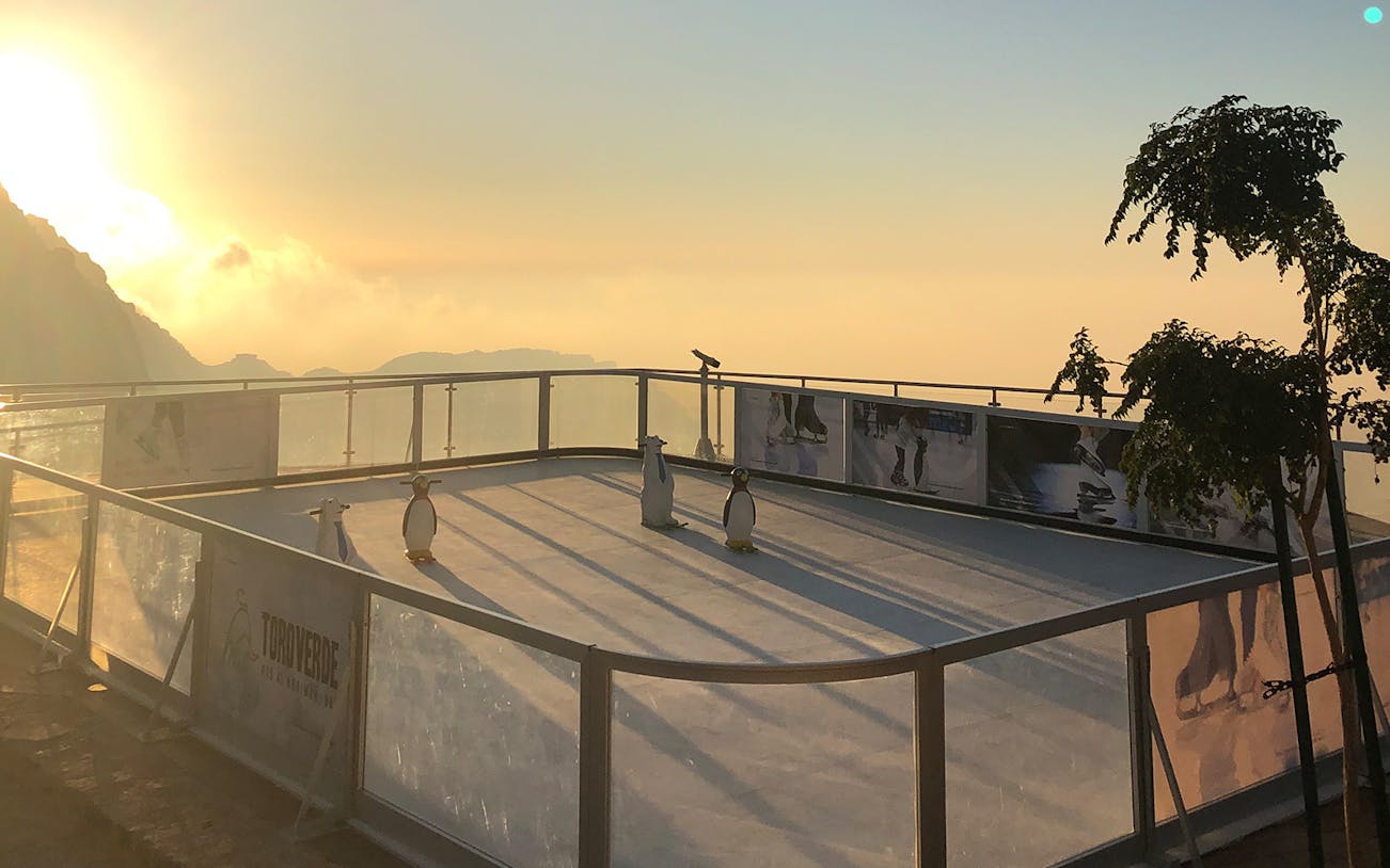 Jebel Jais Skating Rink at sunset with penguin skating aids.