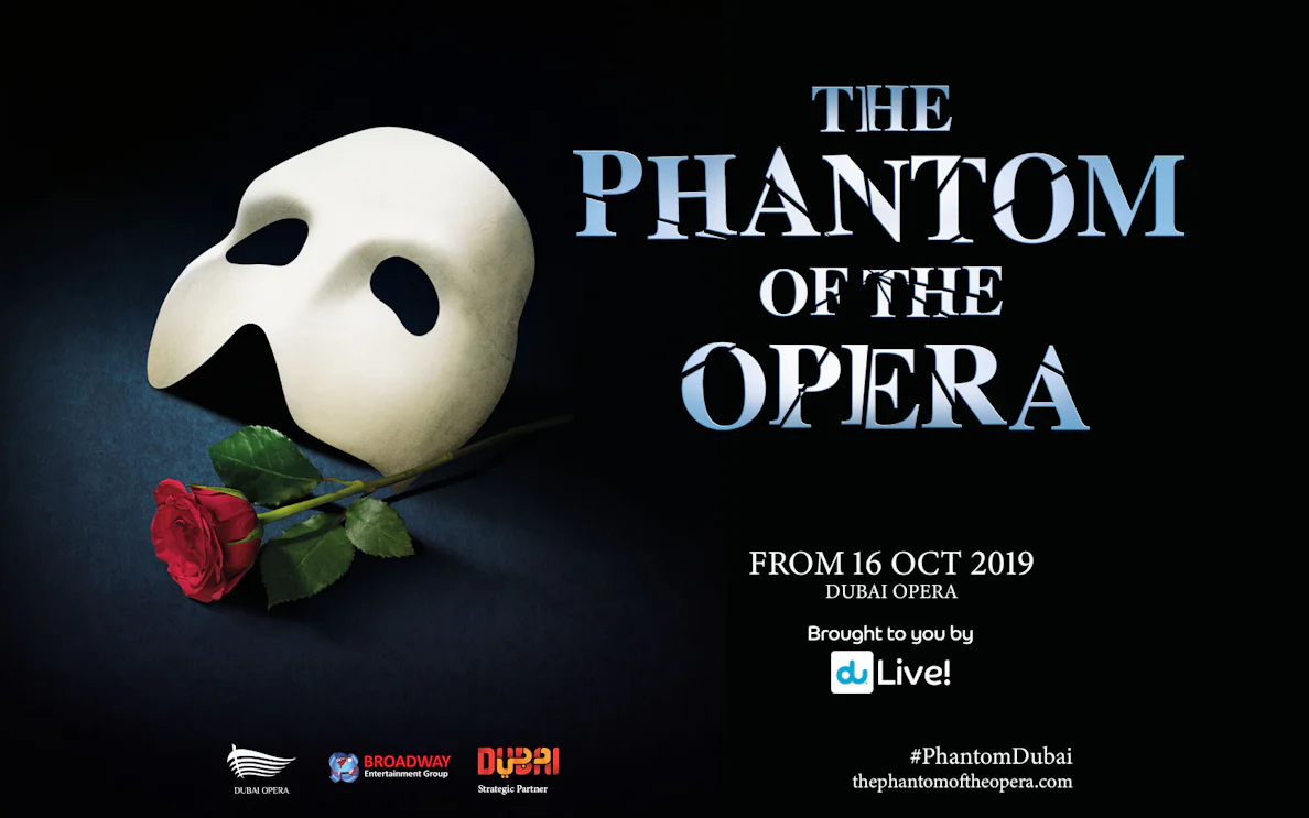 Phantom of the Opera mask and rose, Dubai Opera event poster.