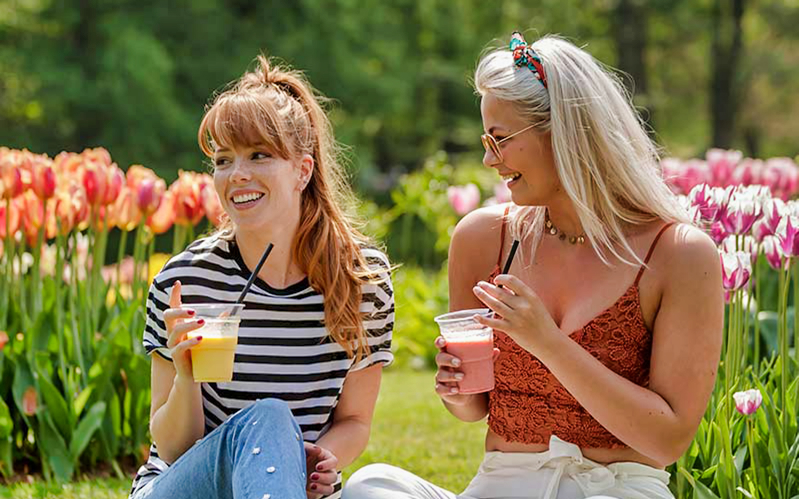 Visitors enjoying drinks among tulips at Keukenhof Gardens.