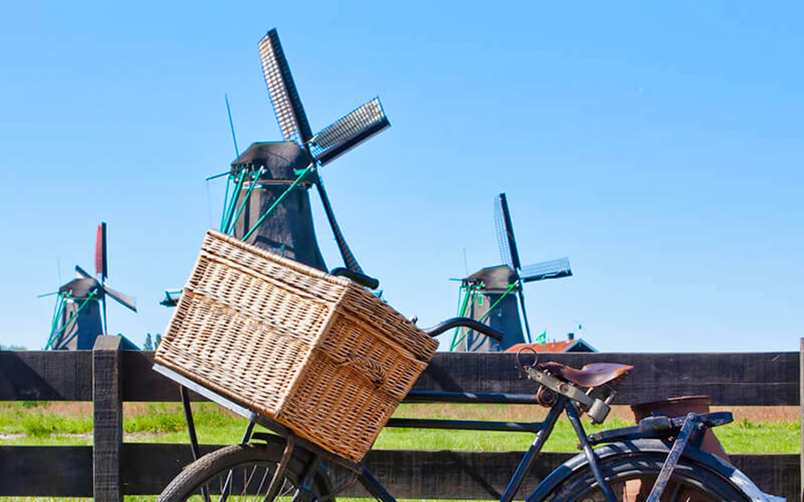Bicycle with basket in front of windmills at Zaanse Schans, Netherlands.
