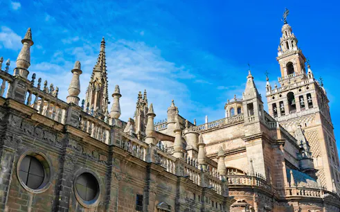 Seville Cathedral and Giralda tower under a clear blue sky.