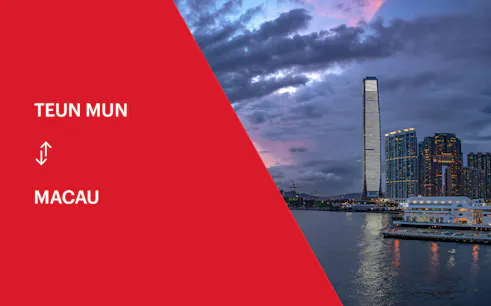 Round trip TurboJet ferry route from Tuen Mun to Macau with city skyline.