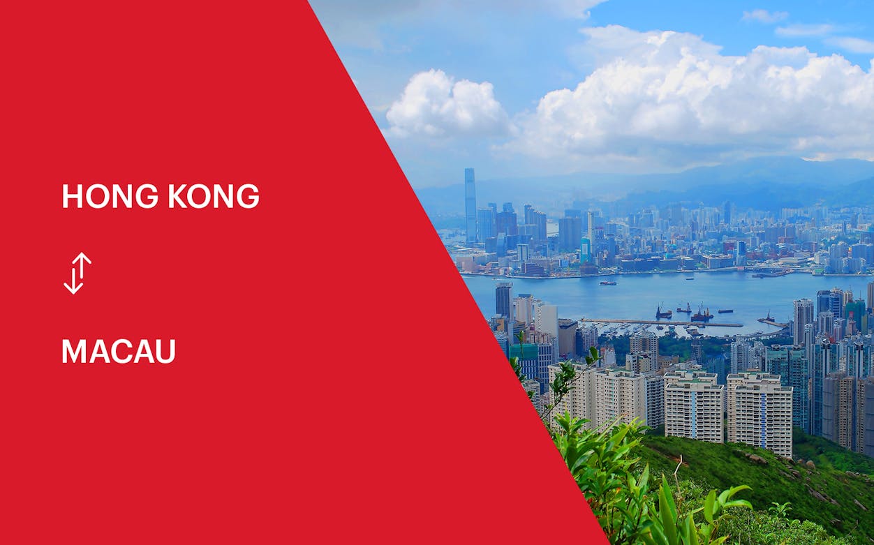 Turbojet ferry service between Hong Kong and Macau with city skyline view.