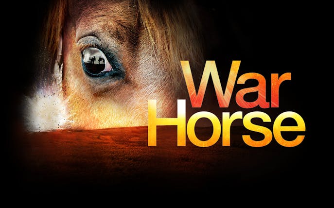 Close-up of a horse's eye with a battlefield reflection, text "War Horse" beside it.