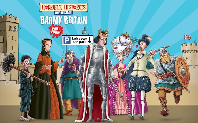 Characters in historical costumes from Horrible Histories: Barmy Britain - Part Four! with a castle backdrop.