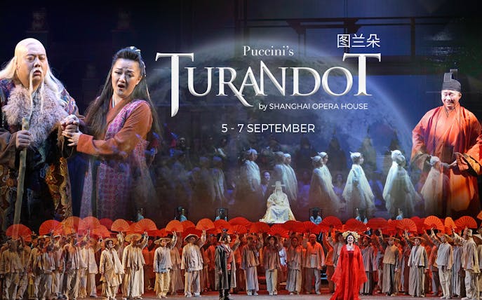 Turandot opera performance by Shanghai Opera House with cast in traditional costumes.