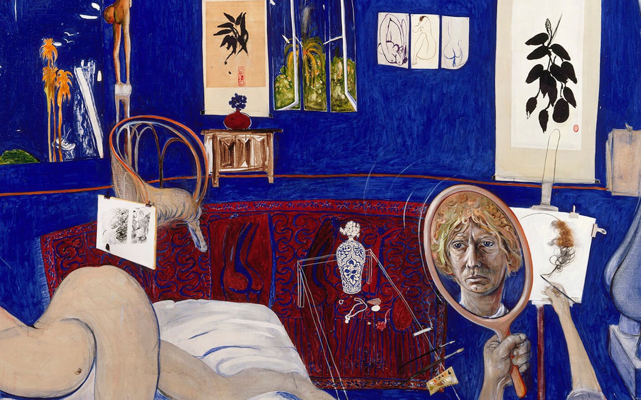 Interior with blue walls, artwork, and a mirror reflecting a face, associated with Whiteley.