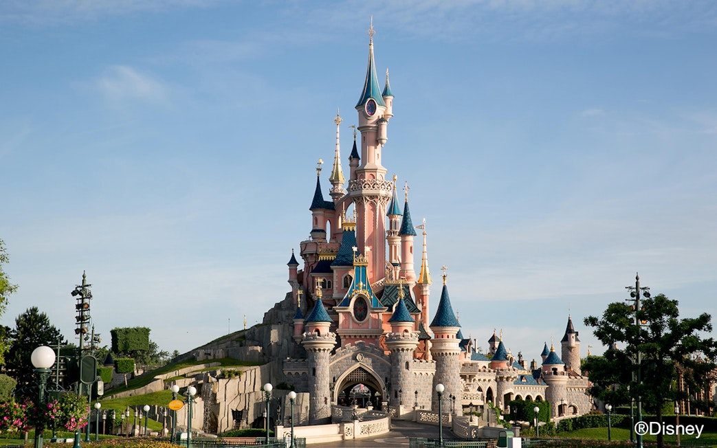 Disneyland Paris Sleeping Beauty Castle with blue sky.