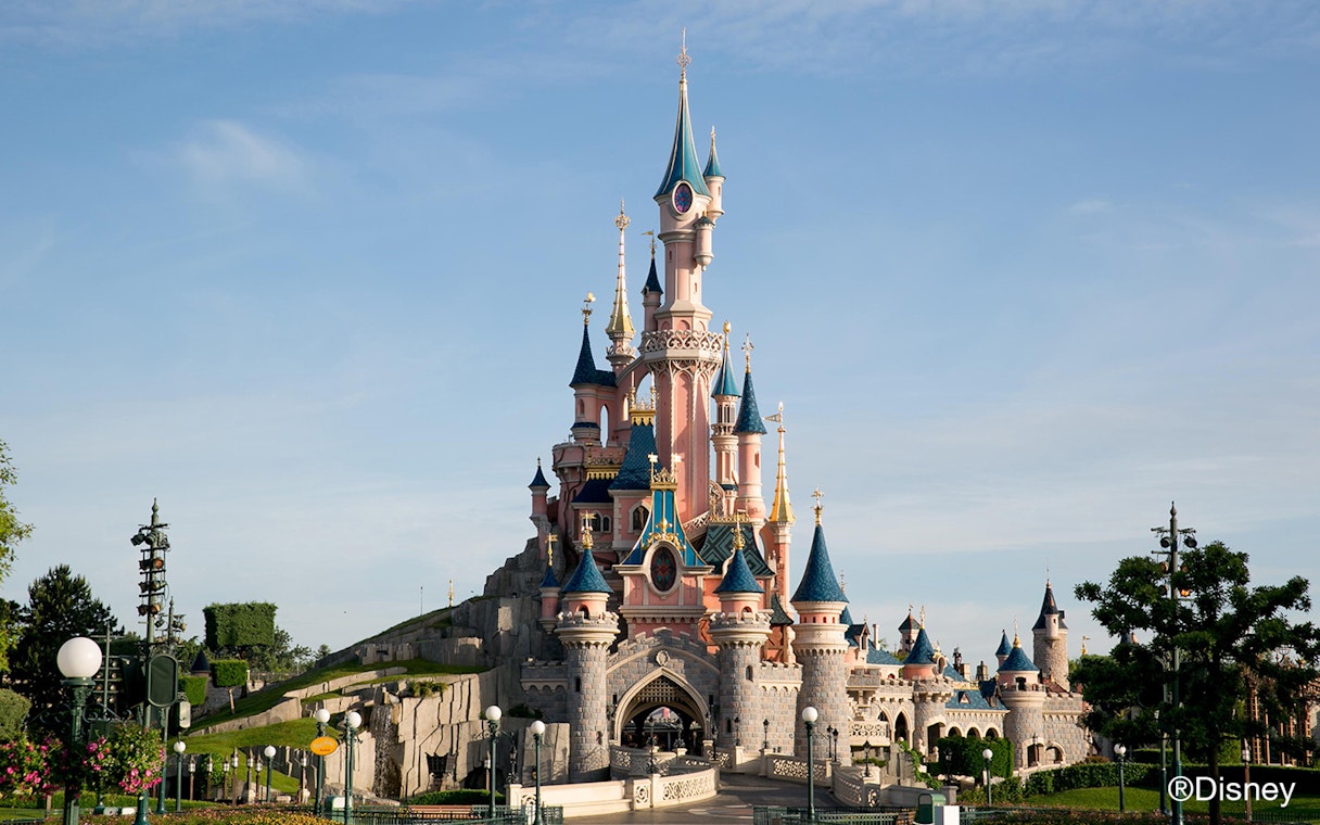 Disneyland Paris Sleeping Beauty Castle with blue sky.