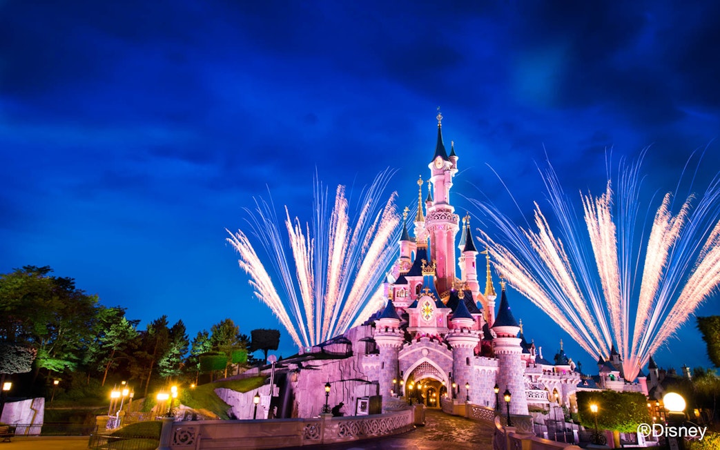 Fireworks display over Sleeping Beauty Castle at Disneyland Paris.
