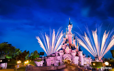 Fireworks display over Sleeping Beauty Castle at Disneyland Paris.