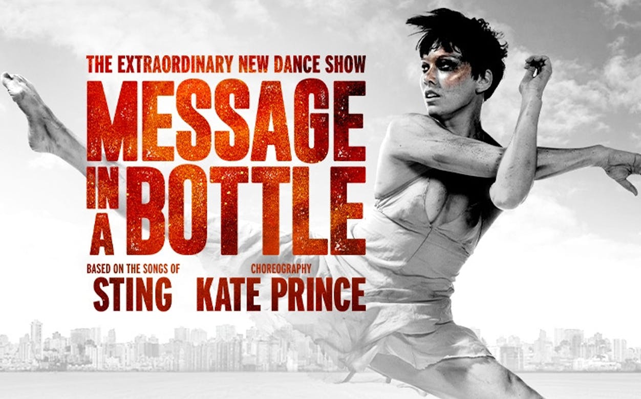 Message In A Bottle dance show poster with performer in dynamic pose, city skyline background.