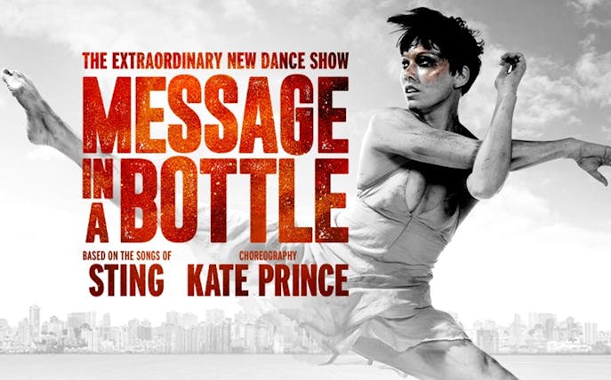 Message In A Bottle dance show poster with performer in dynamic pose, city skyline background.