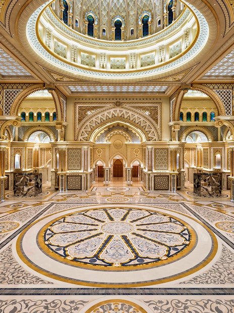 Ornate interior of Qasr Al Watan in Abu Dhabi, showcasing intricate patterns and grand architecture.