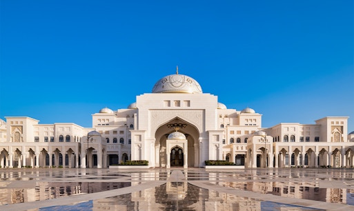 Qasr Al Watan exterior with intricate domes, part of Abu Dhabi city tour including Louvre Abu Dhabi.