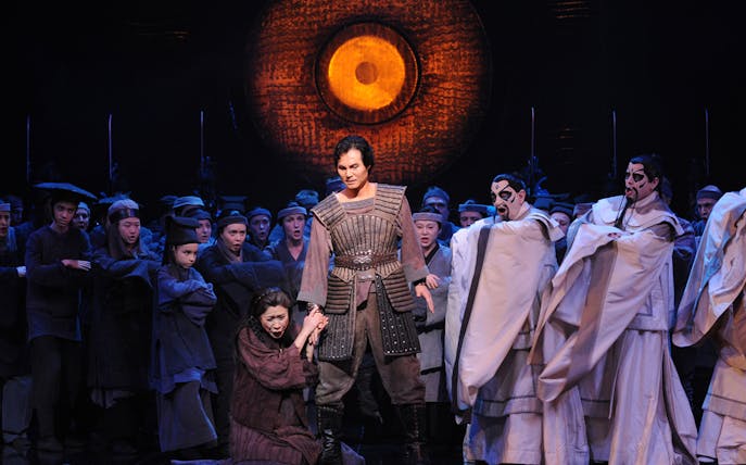 Opera performers on stage during a scene from Turandot.