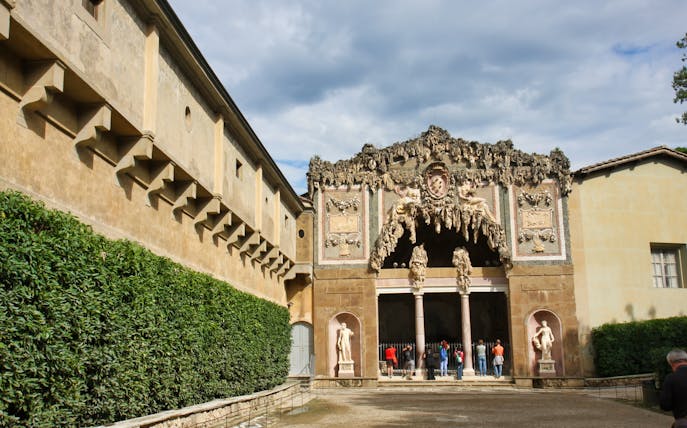 Uffizi Gallery entrance with visitors, Florence, Italy.