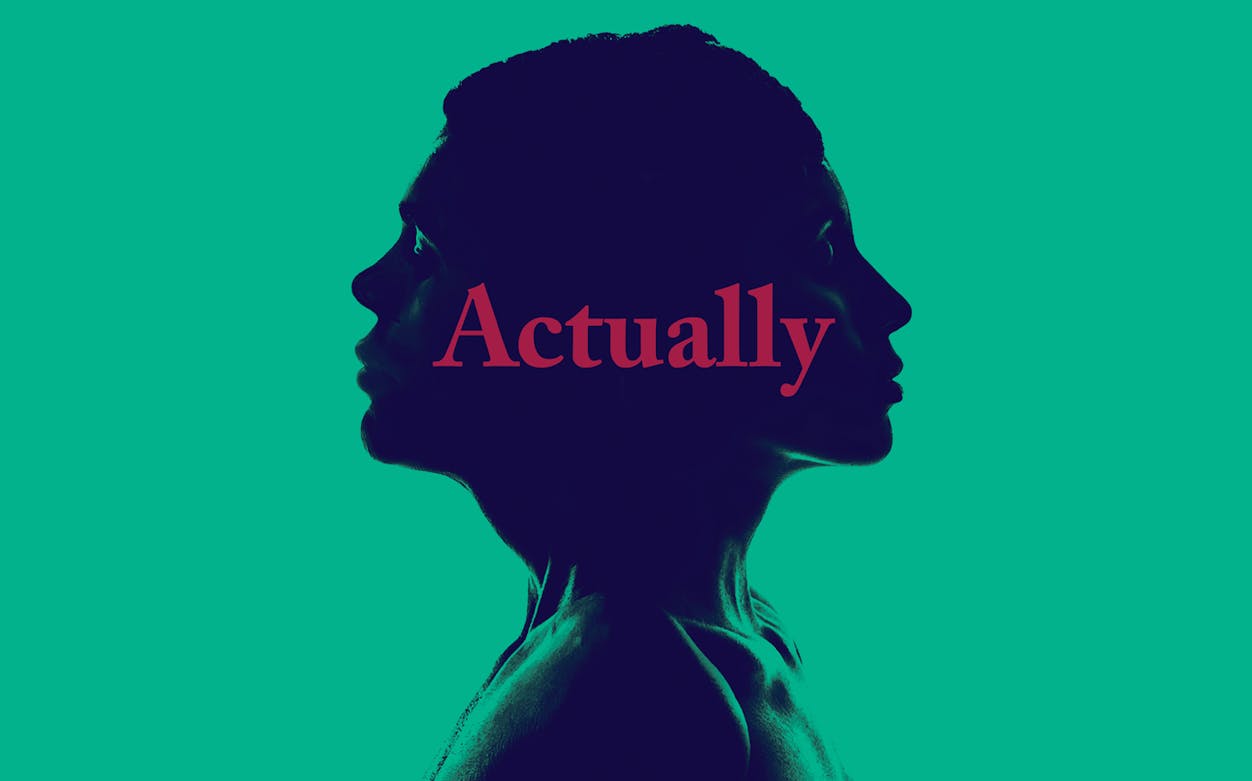 Silhouettes of two faces in profile with 'Actually' text overlay