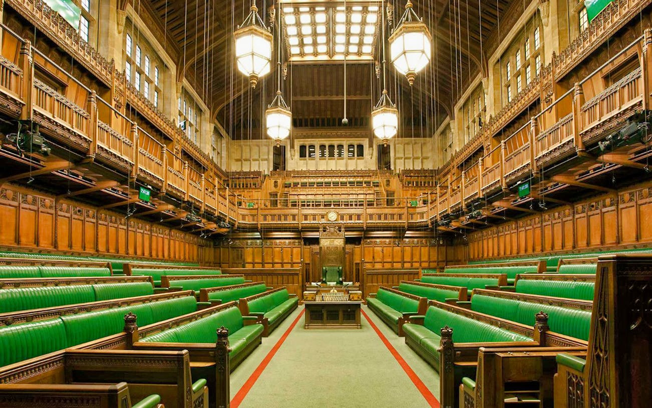 UK Parliament House of Commons chamber, green benches, guided tour setting.