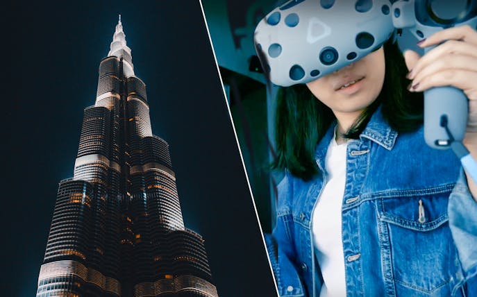 Burj Khalifa at night with person using VR headset for Mission 828 experience.