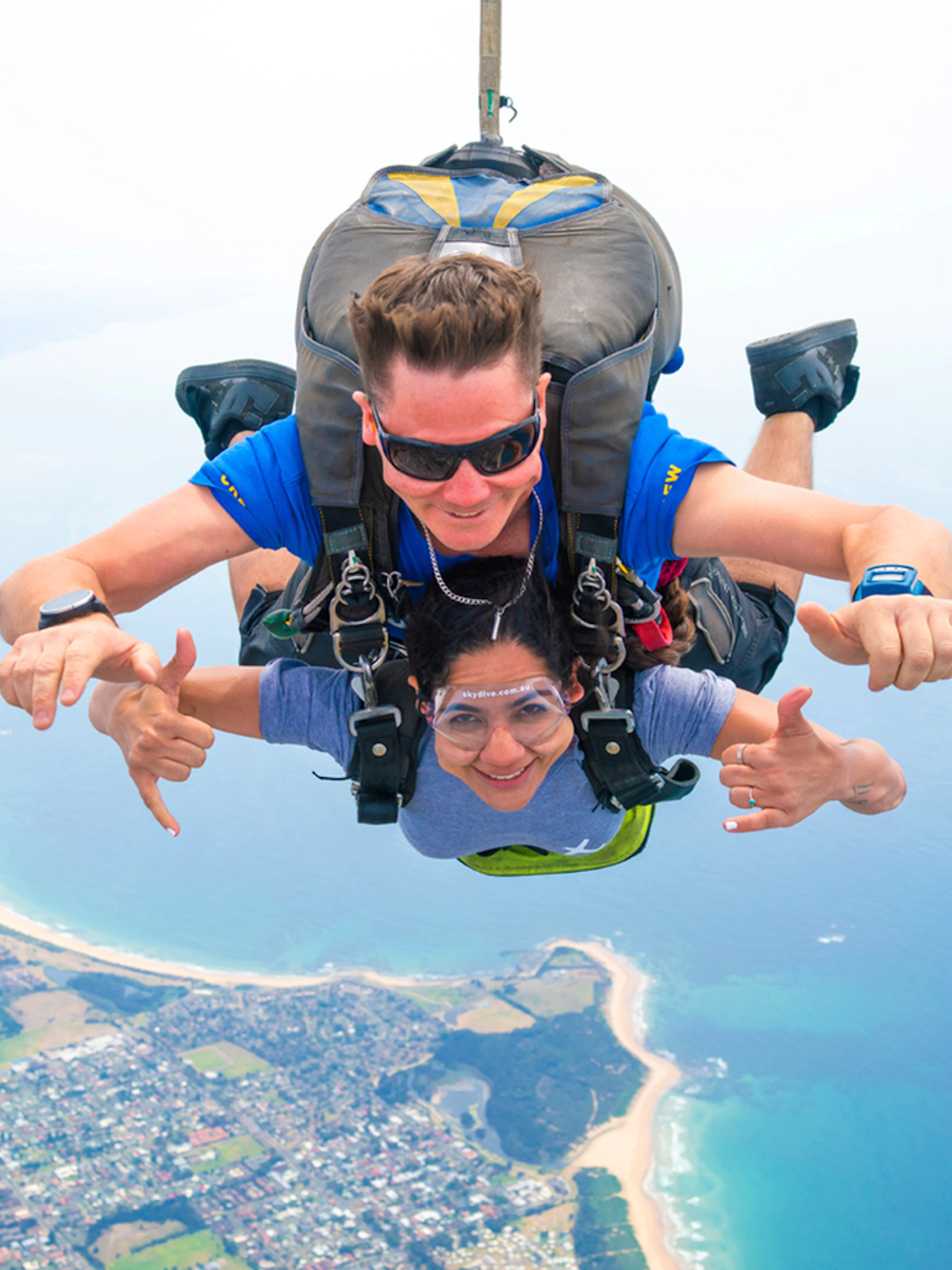 Tandem skydive over Wollongong coastline near Sydney.