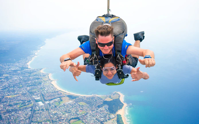 Tandem skydive over Wollongong coastline near Sydney.