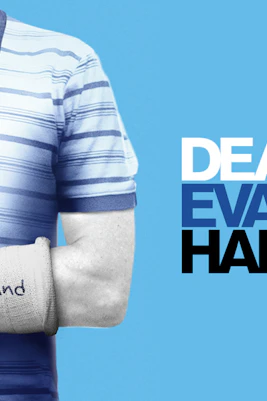 Striped shirt and cast with "#youwillbefound" text, Dear Evan Hansen logo.