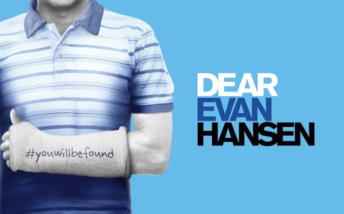 Striped shirt and cast with "#youwillbefound" text, Dear Evan Hansen logo.