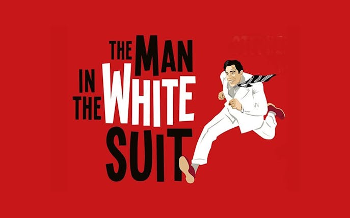 The Man in the White Suit" text with cartoon man in white suit on red background.