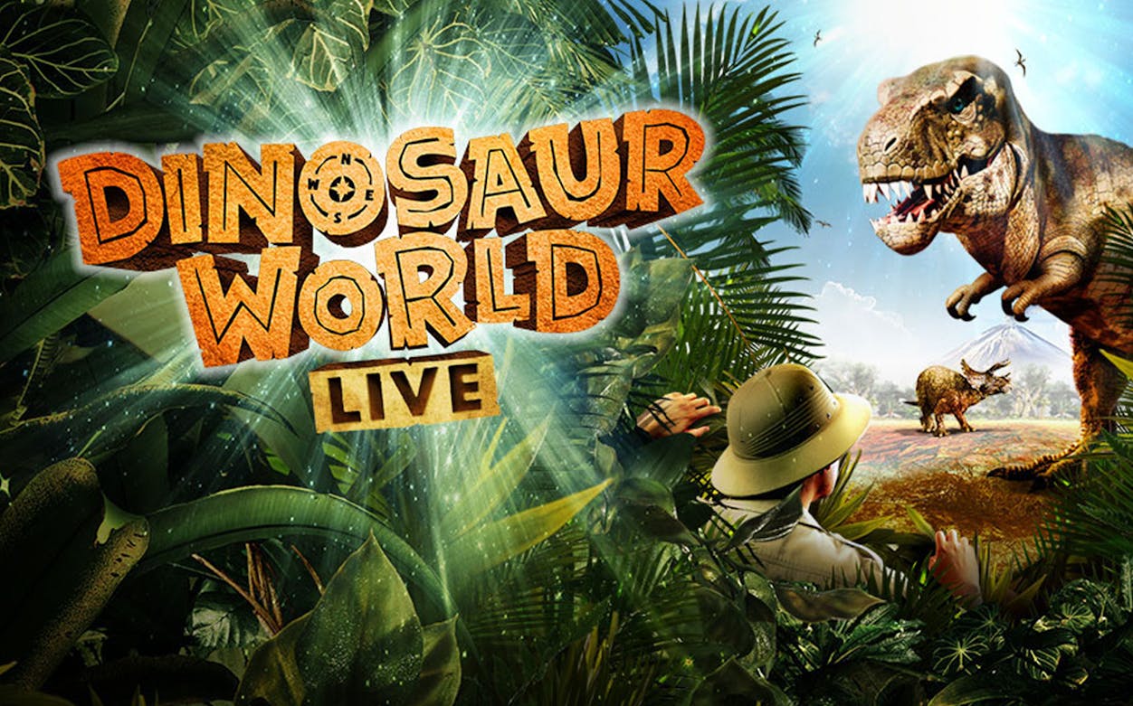Dinosaur World Live show with explorer observing T-Rex and triceratops in jungle setting.