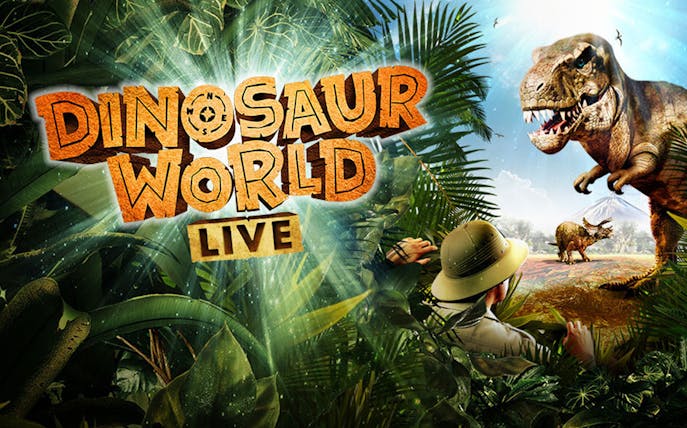 Dinosaur World Live show with explorer observing T-Rex and triceratops in jungle setting.