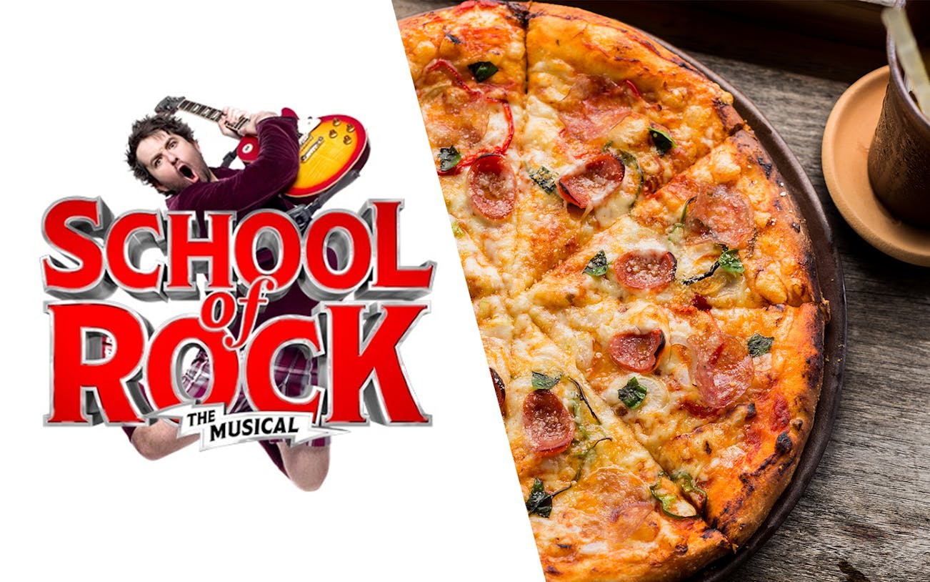 School of Rock musical logo and pepperoni pizza at Fire & Stone, Covent Garden