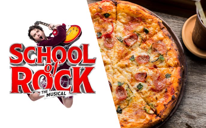 School of Rock musical logo and pepperoni pizza at Fire & Stone, Covent Garden