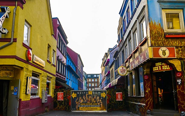 Colorful buildings in Hamburg's St. Pauli district, entrance to Blue and Red Light Tour.