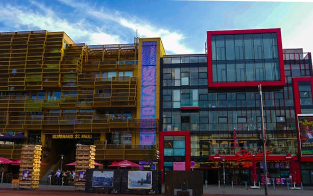 Klubhaus St. Pauli building with colorful facade in Hamburg's Reeperbahn district.