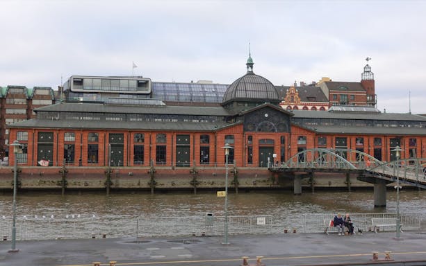 Altona Fish Market building by the waterfront in Hamburg, Germany.