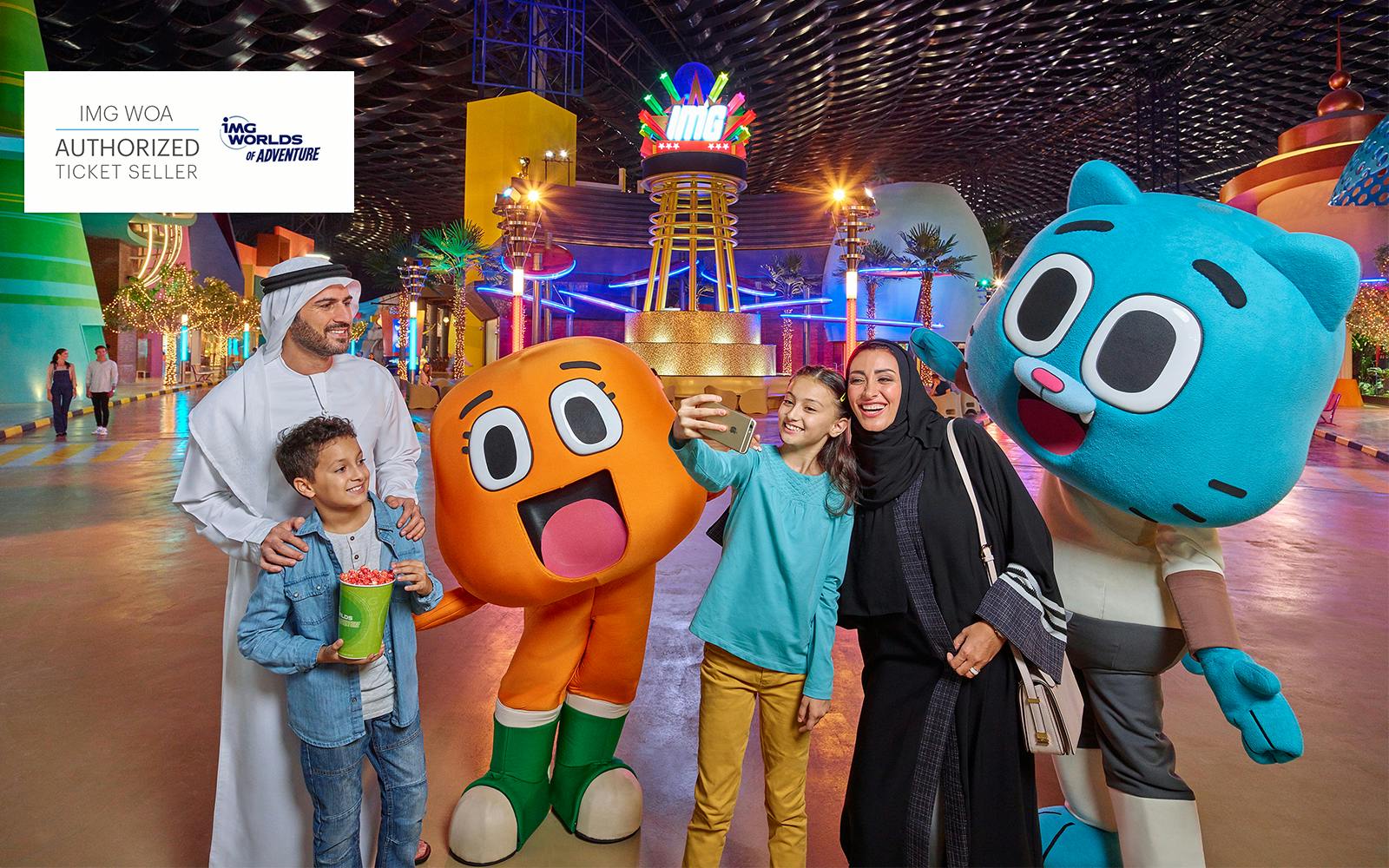 Family taking a selfie with cartoon characters at IMG Worlds of Adventure, Dubai.