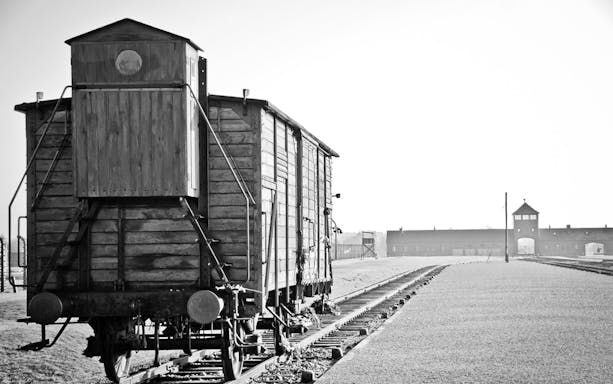 Train tracks leading to Auschwitz-Birkenau entrance, part of guided tour from Krakow.