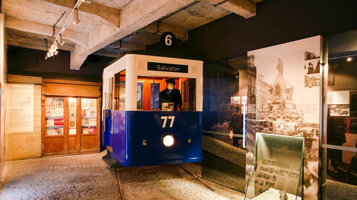 a representational tram at schindler's factory