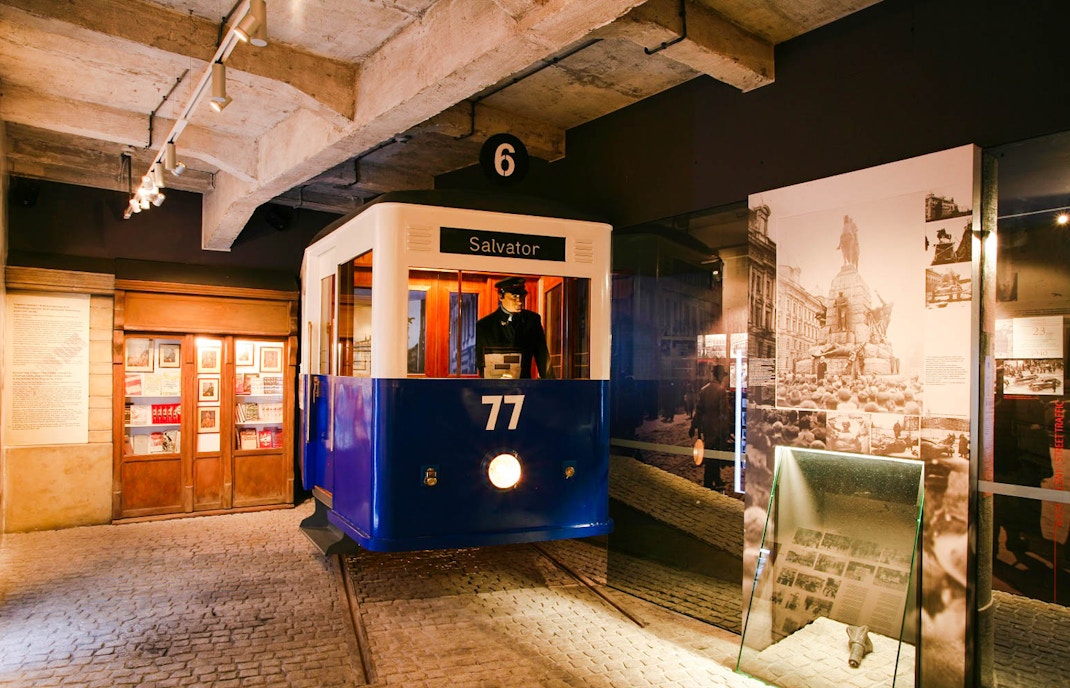 a representational tram at schindler's factory
