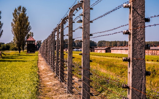 Barbed wire fence at Auschwitz Birkenau Museum, Poland, with watchtower in the background.