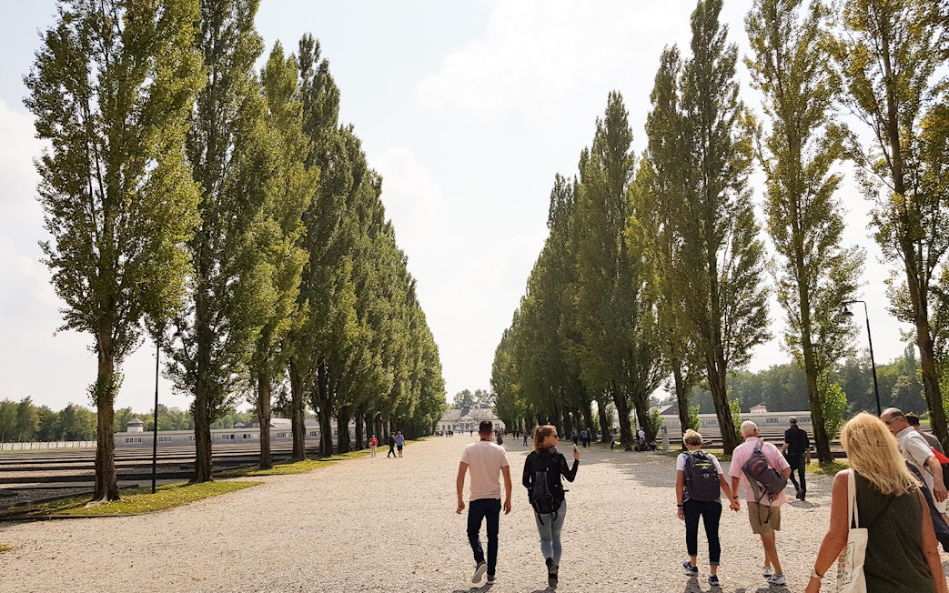 Visitors walking along tree-lined path at Dachau Concentration Camp Memorial Site.
