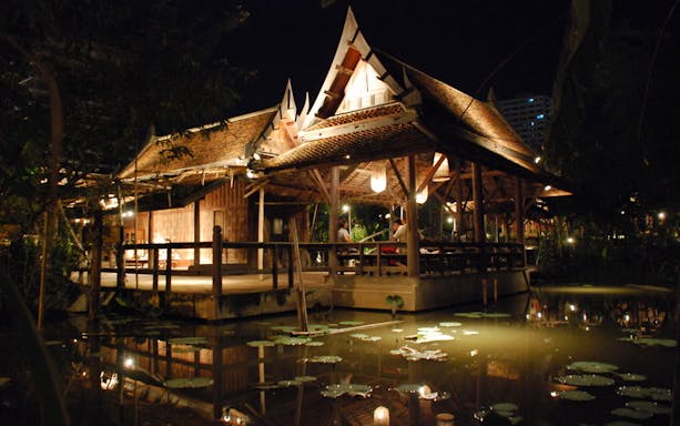 Traditional Thai pavilion at night, Siam Niramit Bangkok.