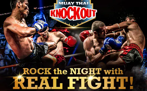 Muay Thai fighters in action during a live knockout event.